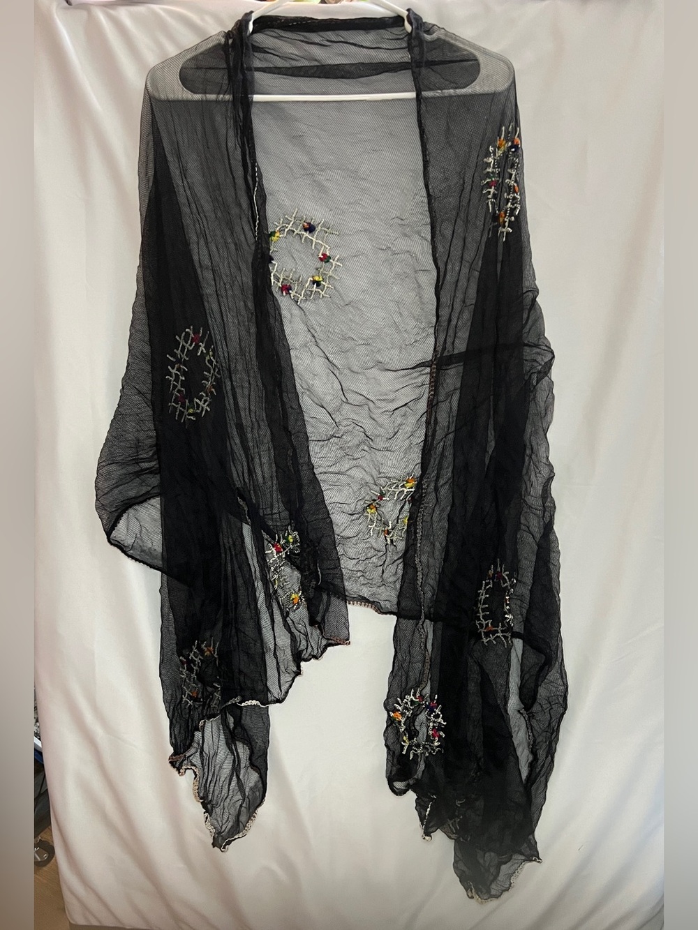 Vintage Black Tulle Scarf Floral Embroidered Sheer Mesh Wrap Oversized Shawl